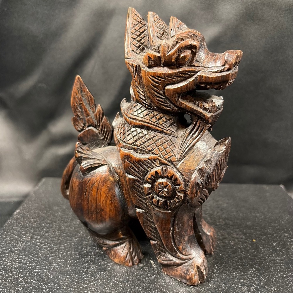 Vintage Thai Singha Guardian Lion Hand Carved Wood Figurine Folk Art Sculpture